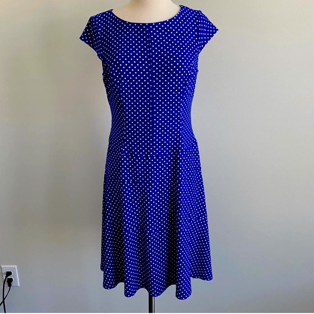 Anne Klein Fit Flare Dress Royal Blue with White Polka Dots